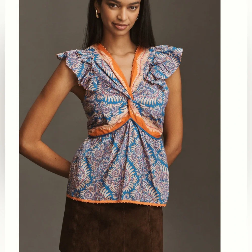 Anthropologie Blue and Orange Patterned Top - Picture 2 of 6
